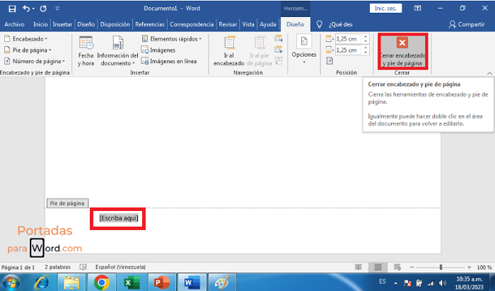 eliminar pie de pagina en word