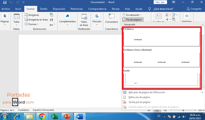 colocar pie de pagina en word