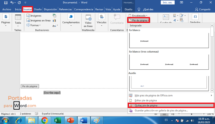 quitar pie de pagina en word
